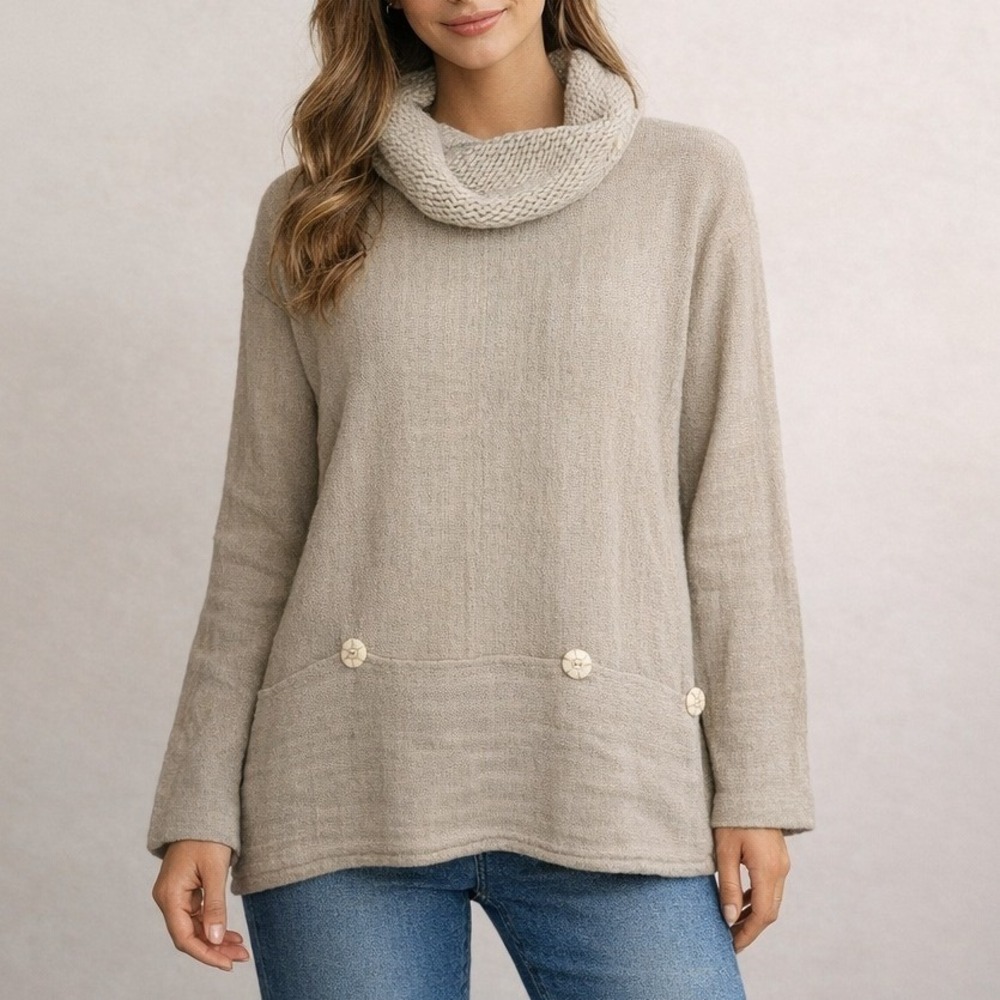 Amano 100% Wool‎ Cowl Neck Sweater Womens Medium Lagenlook Beige Pockets